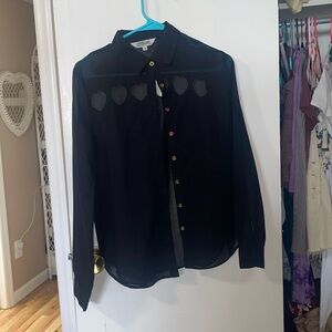 boutique black button up with heart cutouts on back